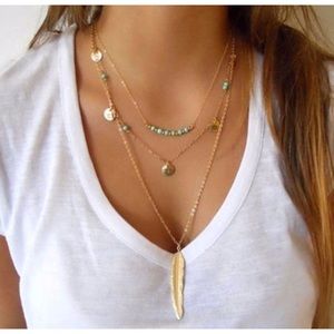 Triple Layer Silver Turquoise Feather Necklace